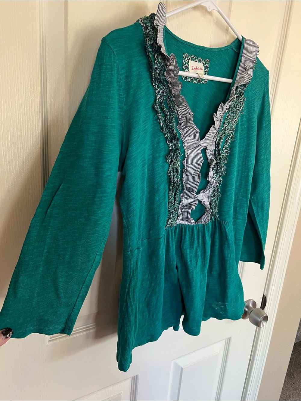 Deletta Anthropologie Teal Ruffle Trim Babydoll Top Quarter Sleeve Large - Picture 4 of 8